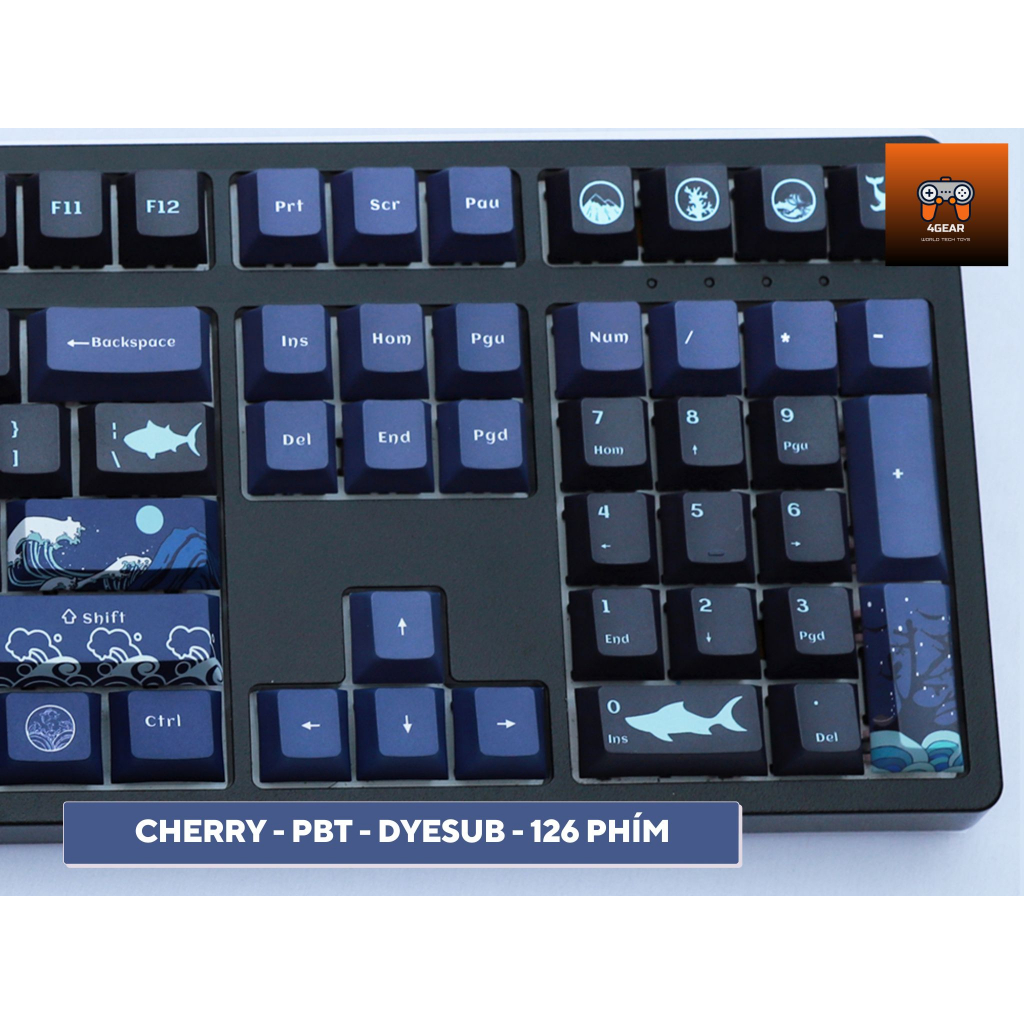 Keycap Coral Sea Black nhựa PBT profile Cherry in dyesub 126 nút cho bàn phím cơ layout 108/104/98/87/84/75/68/64/61