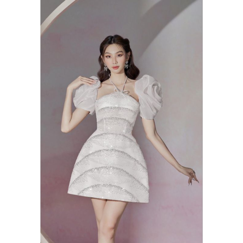 Đầm thiết kế cổ yếm dây phối tay xoắn hoa hồng đính đá đi tiệc, sinh nhật, sự kiện - mochouse83