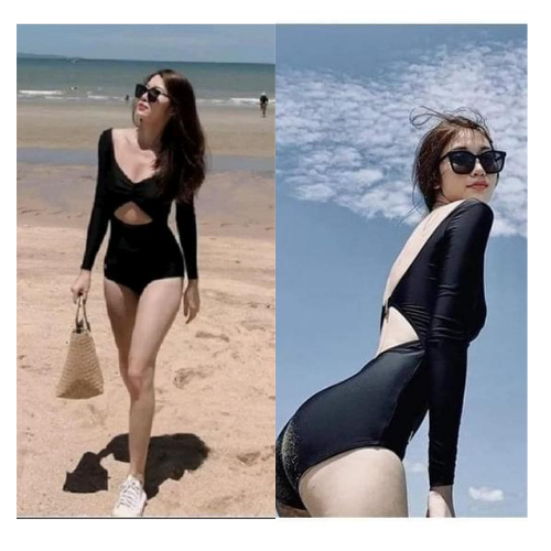 Bikini liền mảnh, Đồ bơi nữ tay dài nhún ngực khoét lưng khoét ngực siêu sexy SR15