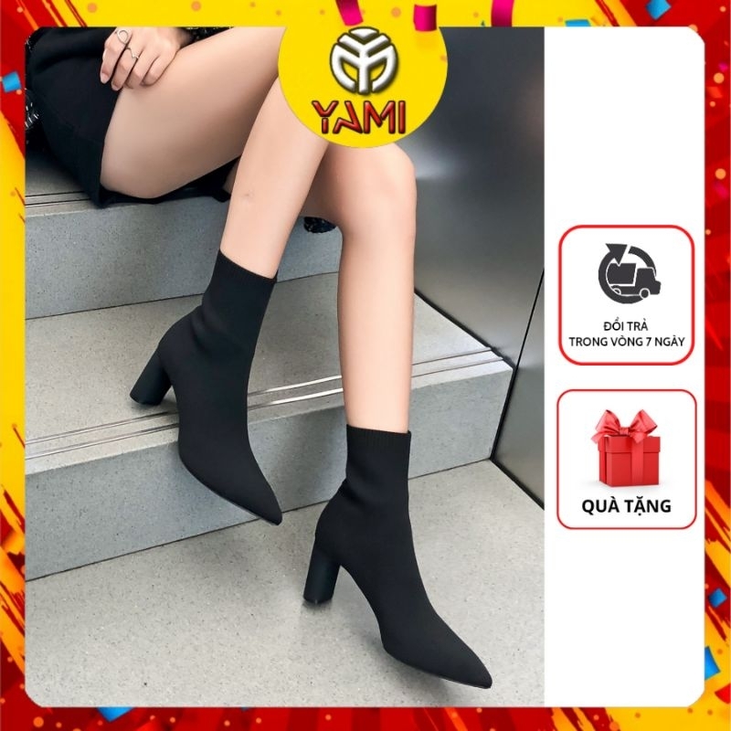 Bốt Len Cao Cổ - Cổ Ngắn Gót Vuông Dẹp 7cm, Giày Boots Len Mũi Nhọn, Bốt Tất Thời Trang, Bốt Vải Cổ Chun