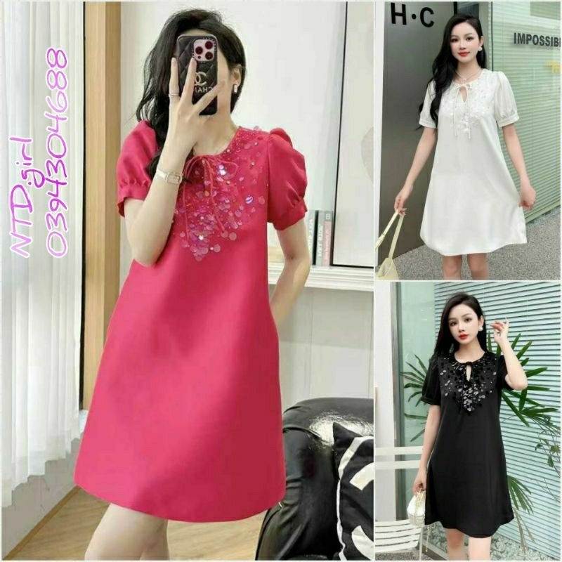 Hàng nhập - Đầm dáng suông tay phồng cổ nơ đính cườm, váy xuông dạo phố hay dự tiệc đều xinh
