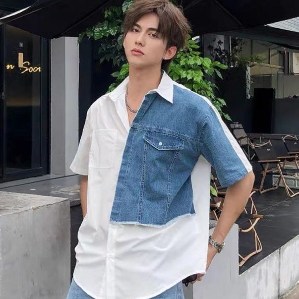 Áo Sơ Mi Phối Bò Tay Lỡ Form Rộng Chất Vải Chéo Hàn Cao Cấp,Áo Sơ Mi Cộc Tay Unisex Phối Jeans Phong Cách