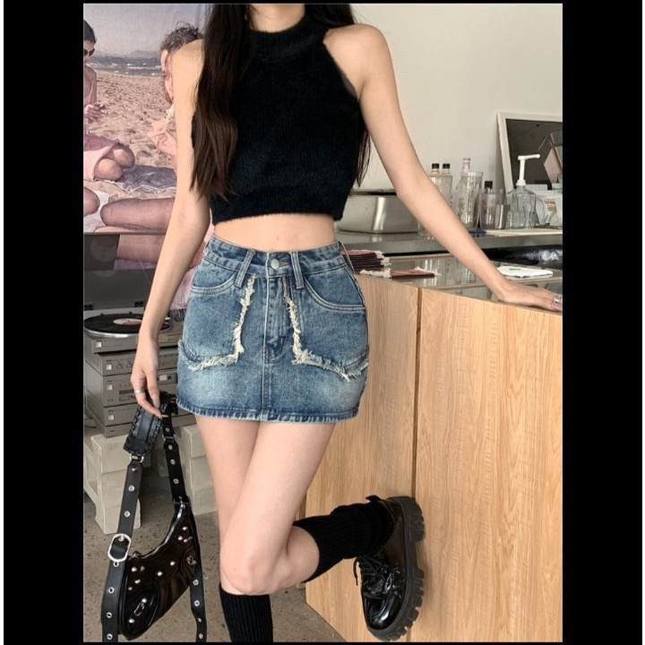 Chân váy jean ngắn túi nhọn viền cắt tua,cv bò dày dặn dài 35cm
