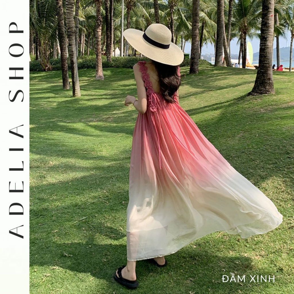 「ADELIA」Đầm Maxi Dáng Dài Màu Hồng Loang Phối Dây Hoa Chất Voan Mịn 2 Lớp Hàng Quảng Châu