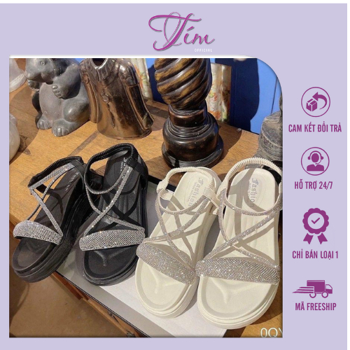 Dép sandal quai đá bằng to kèm hai dây đan chéo nhỏ cao 4cm