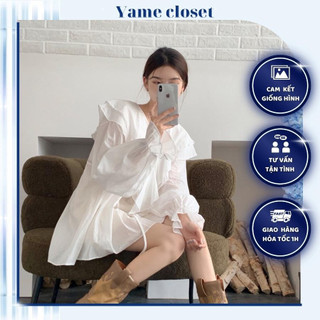 Áo babydoll dáng giấu quần chất tơ lụa cao cấp dày dặn, váy babydoll cổ bèo tay phồng tiểu thư Yame closet - VK013