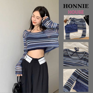 Set áo lưới kẻ xanh kèm yếm dây dệt kim