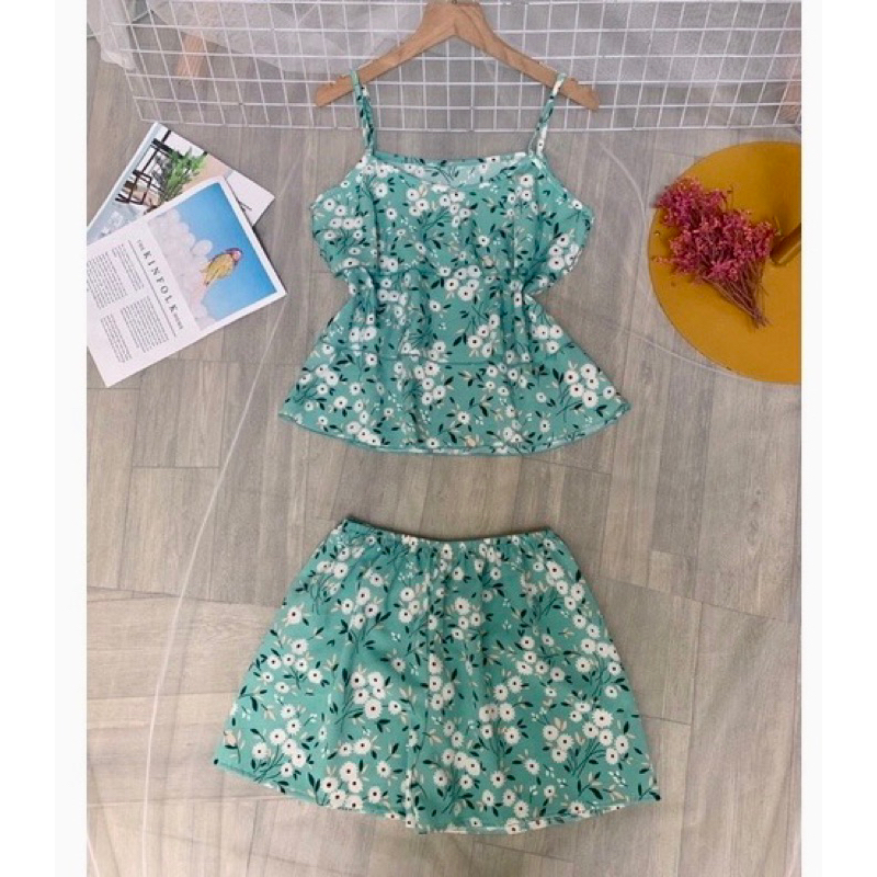 Đồ bộ voan lụa 2 dây tầng mặc nhà dễ thương