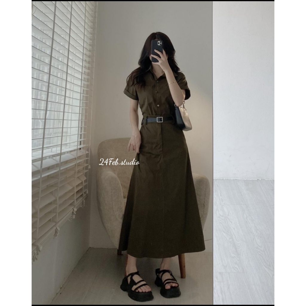 Set áo sơ mi kèm chân váy dài ton sur ton phong cách vintage Hàn Quốc