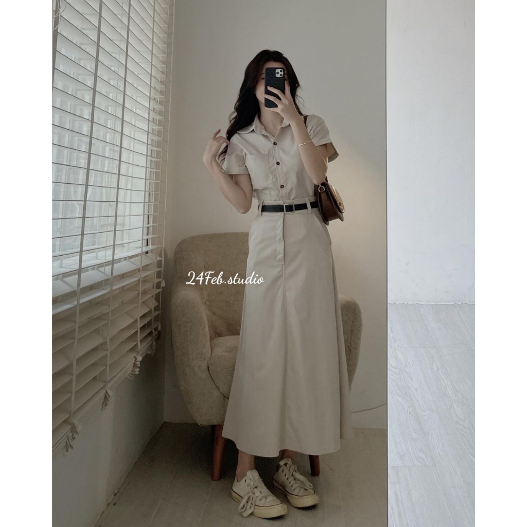 Set áo sơ mi kèm chân váy dài ton sur ton phong cách vintage Hàn Quốc