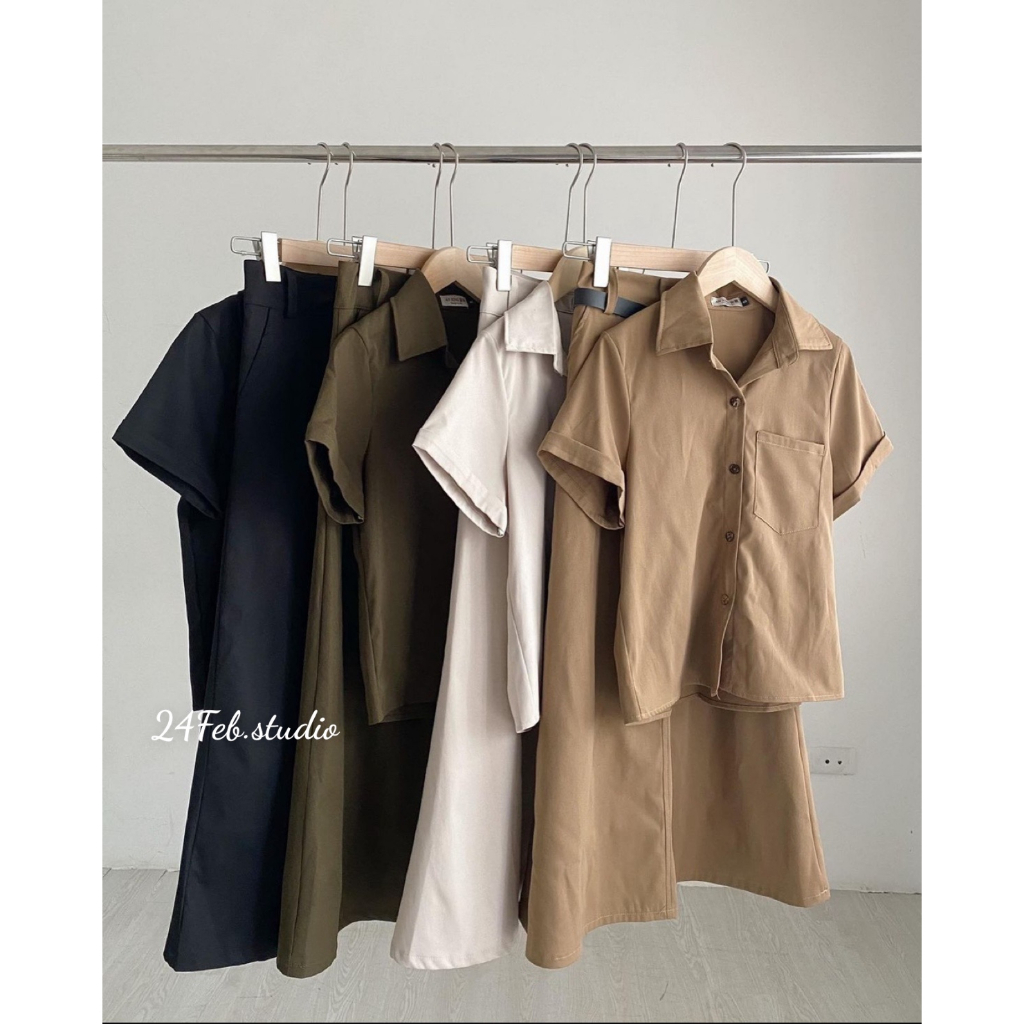 Set áo sơ mi kèm chân váy dài ton sur ton phong cách vintage Hàn Quốc