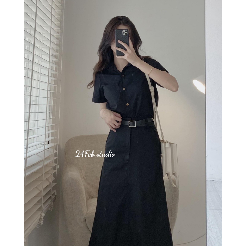 Set áo sơ mi kèm chân váy dài ton sur ton phong cách vintage Hàn Quốc