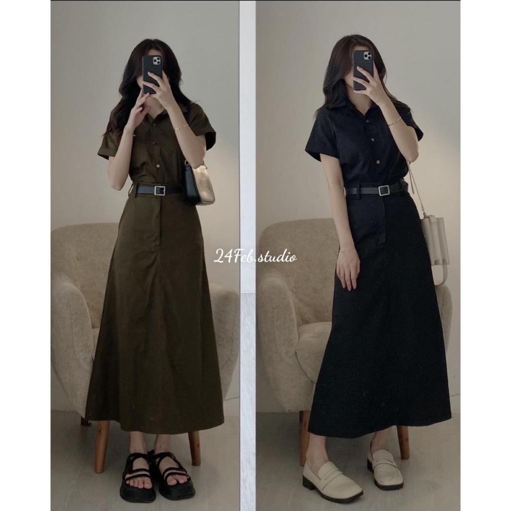 Set áo sơ mi kèm chân váy dài ton sur ton phong cách vintage Hàn Quốc