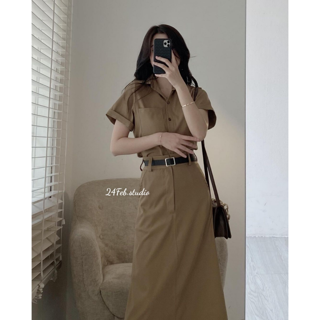 Set áo sơ mi kèm chân váy dài ton sur ton phong cách vintage Hàn Quốc