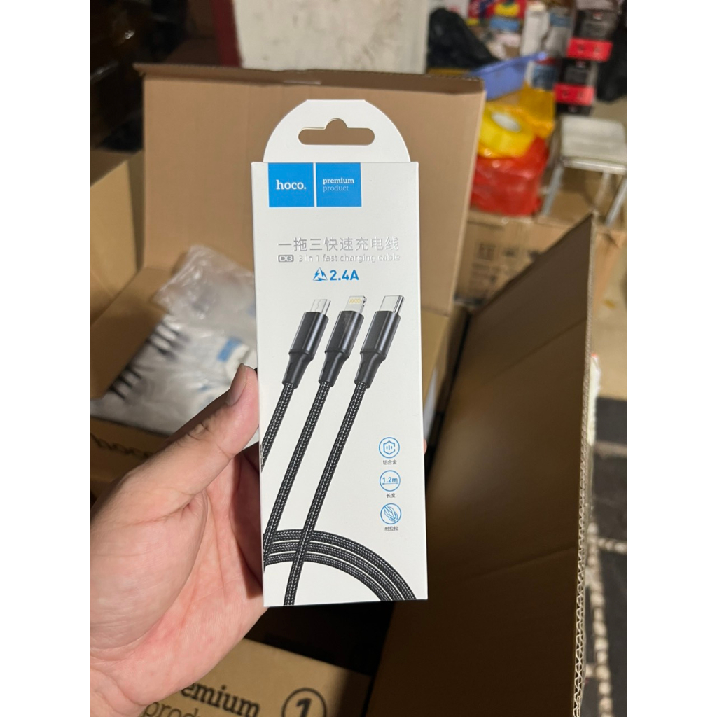Cáp dù chính hãng HOCO 3 đầu CX3 bền đẹp, hỗ trợ sạc nhanh 2,4A tiện dụng phù hợp với nhiều loại máy