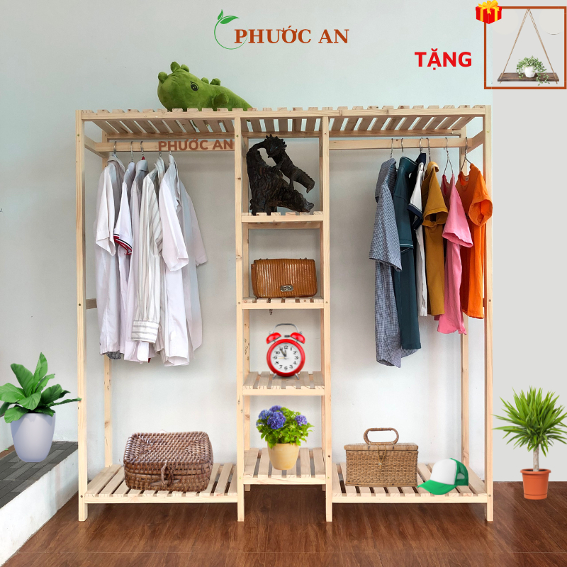 Tủ Quần Áo Gỗ Thông - Kệ Treo Quần Áo 3 Gian - Gỗ Thông Nhập Khẩu Đã Qua Xử Lý Chống Mối Mọt ( Bảo Hành 1 Năm)
