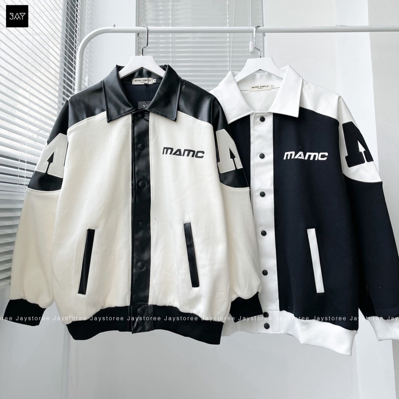 Áo Jacket MM PHỐI TAY DA màu XÁM/KEM 🖤 Nam Nữ Unisex 🖤 Áo khoác form rộng Jaystoree 🖤