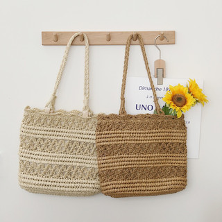 Túi cói vải mềm form tote kẻ sọc tone nâu vintage