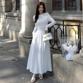 Váy trễ vai dài tay nhún ly eo eclipse clothing