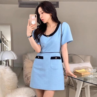 Đầm nữ hàn quốc cổ tròn viền đen ngắn tay thanh lịch
