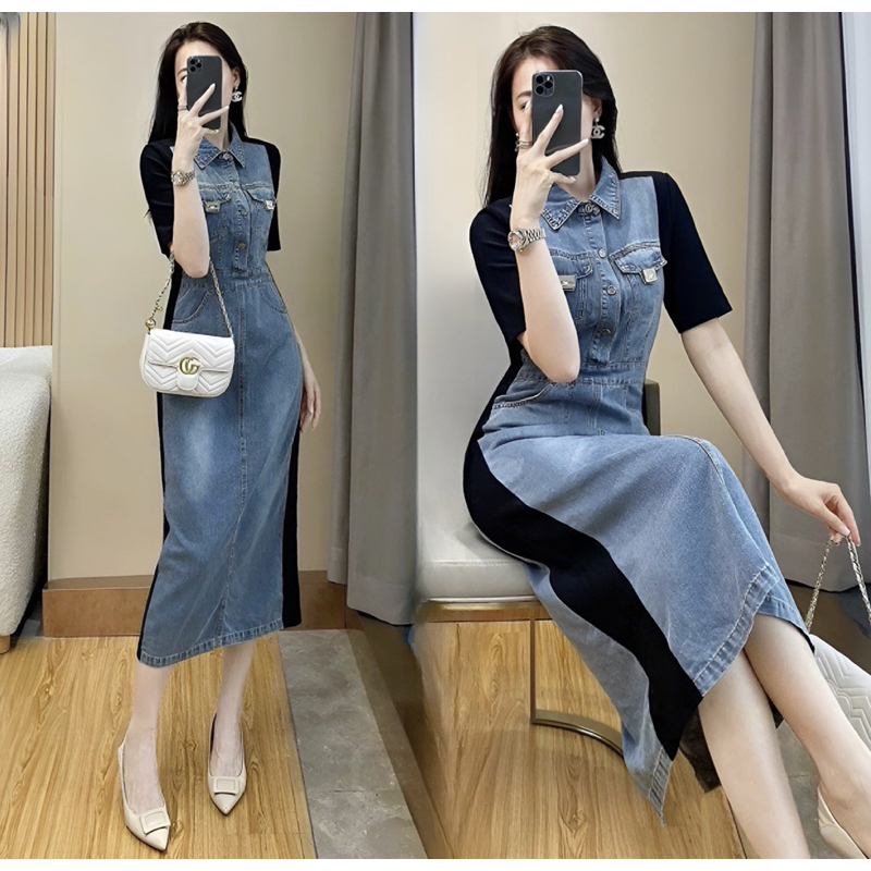 ( HÀNG QUẢNG CHÂU CAO CẤP ) VÁY ĐẦM JEAN PHỐI THUN CÁCH ĐIỆU - MẪU MỚI ĐỘC LẠ ĐẦY THU HÚT