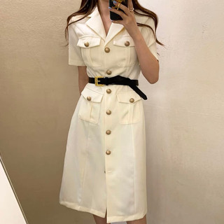 Đầm sơ mi nữ cổ vest khuy mạ vàng ngắn tay kèm belt thanh lịch