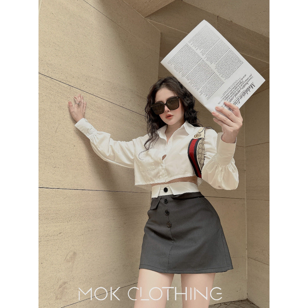Set váy nữ áo sơ mi croptop áo sơ mi cổ nhọn phối chân váy chữ A đính khuy phong cách hàn quốc siêu dễ thương đáng yêu