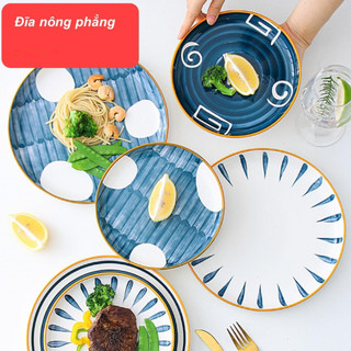 Đĩa tròn phẳng đk 20cm men lam phong cách Nhật