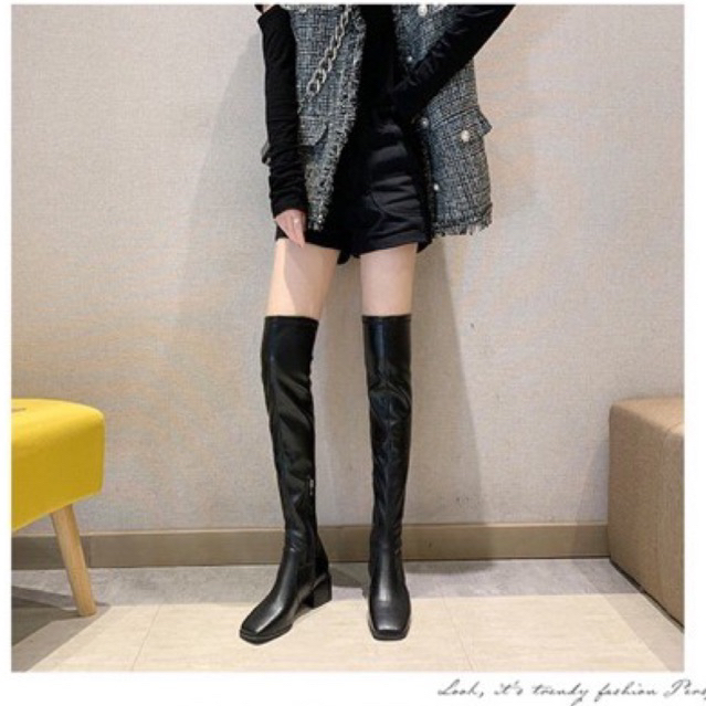Bốt đùi nữ da lộn ôm chân lót lông gót vuông cao 5cm có khoá kéo