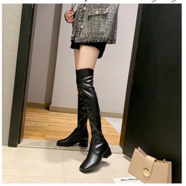 Bốt đùi nữ da lộn ôm chân lót lông gót vuông cao 5cm có khoá kéo