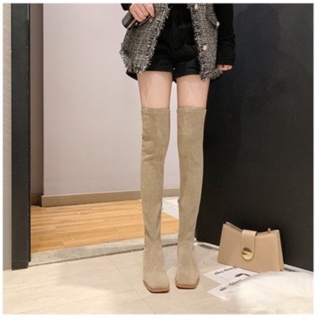 Bốt đùi nữ da lộn ôm chân lót lông gót vuông cao 5cm có khoá kéo