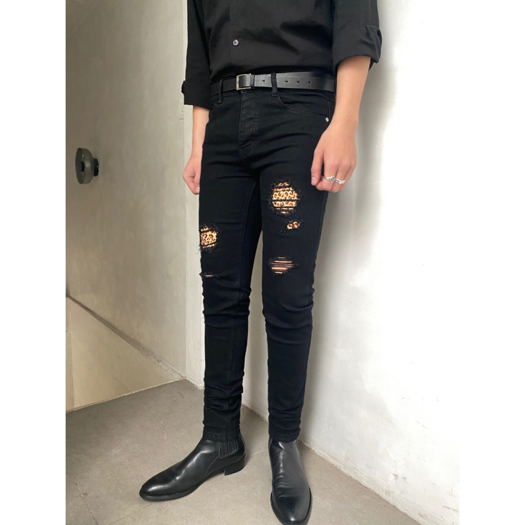 Quần Denim Jean Đen Rách Vá Da Báo / Da Beo / Fom Skinny Cao Cấp - Roy Design