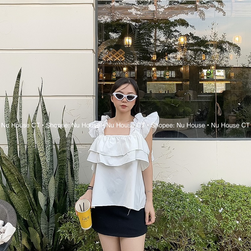 Áo 2 dây to cổ vuông bèo dáng babydoll Nu House kèm clip và ảnh thật chínhh chủ