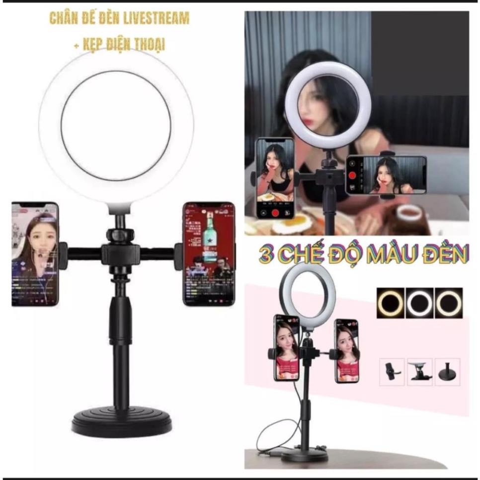 Đèn Livestream để bàn, Tích Hợp Giá Đỡ 2 Điện Thoại Có 3 Chế Độ Sáng, Kẹp Điện Thoại Để Bàn Quay Video Có Đèn Led 3 Màu