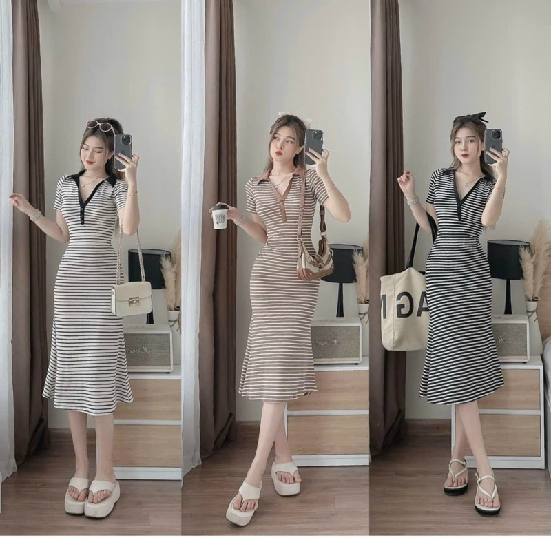 D154 Đầm cổ bẻ sọc dáng xòe nhẹ chất coton co giãn mạnh