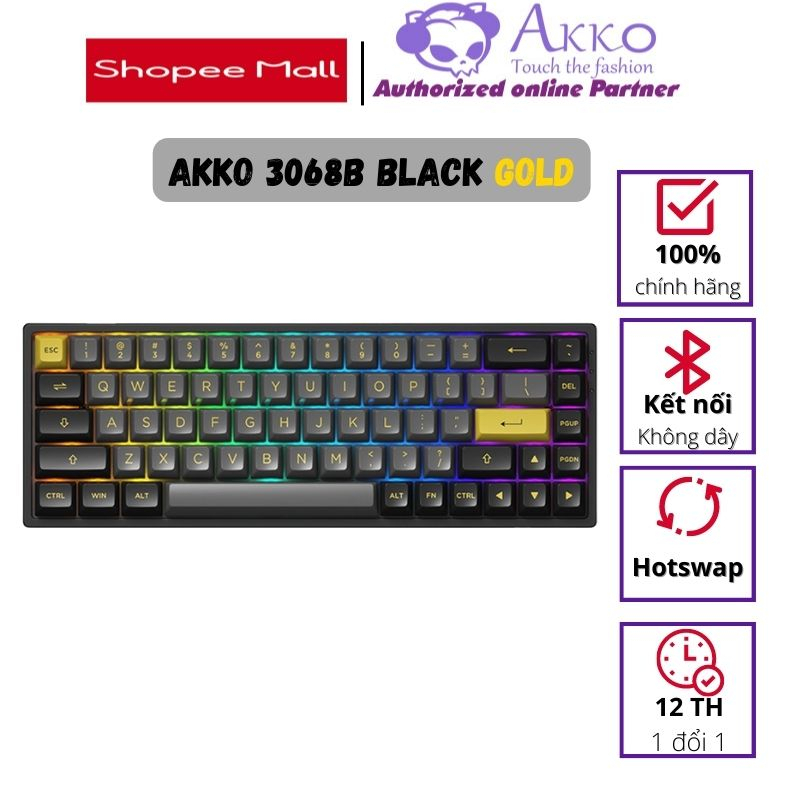 Bàn phím cơ AKKO 3068B Multi-modes Black Gold (Bluetooth 5.0 / Wireless 2.4Ghz / Hotswap / Foam tiêu âm)