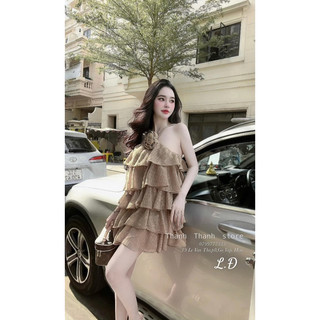 Váy nữ cổ yếm ren tầng kèm hoa đi phố đi biển