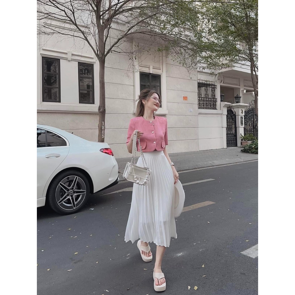 SET ÁO CROPTOP DẠ HỒNG + CHÂN VÁY TRẮNG DẬP LY