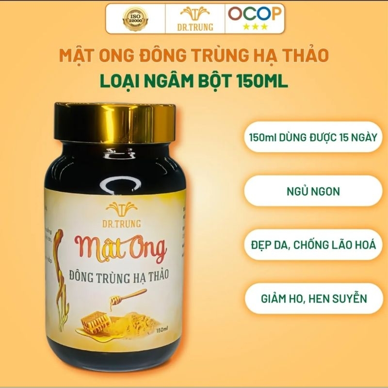 Mật ong đông trùng hạ thảo (loại ngâm bột), lọ 150ml, giúp ngủ ngon, chống lão hóa, làm đẹp da, giảm ho, hen suyễn