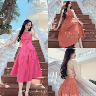 Đầm maxi siết eo cổ yếm nhún ngực họa tiết đan dây phía sau cực kì tôn dáng, xinh xắn dành cho các tình yêu đi biển