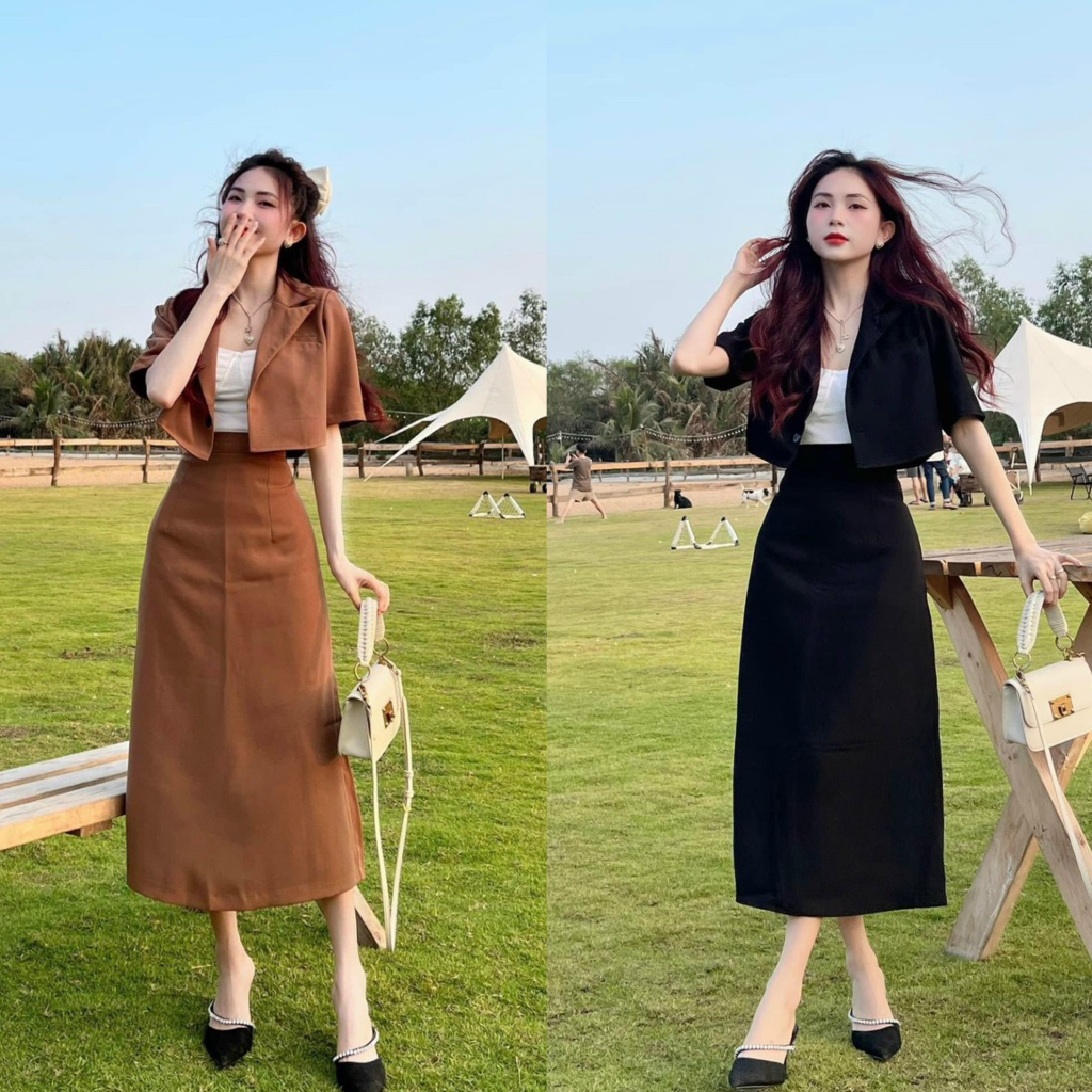 Set bộ 3 món áo bra kèm áo khoác vest croptop mix chân váy dài cực kì tôn dáng, dành cho các nàng đi chơi dạo công viên