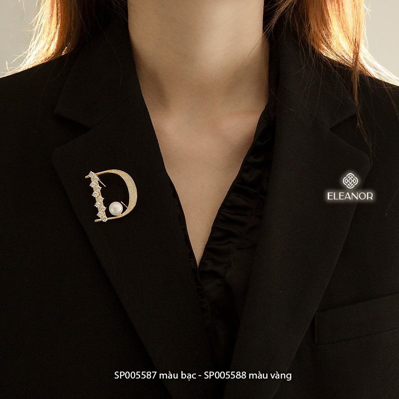 Ghim cài áo nữ Eleanor Accessories hình chữ D đính đá kết hợp ngọc trai nhân tạo phụ kiện trang sức 5587