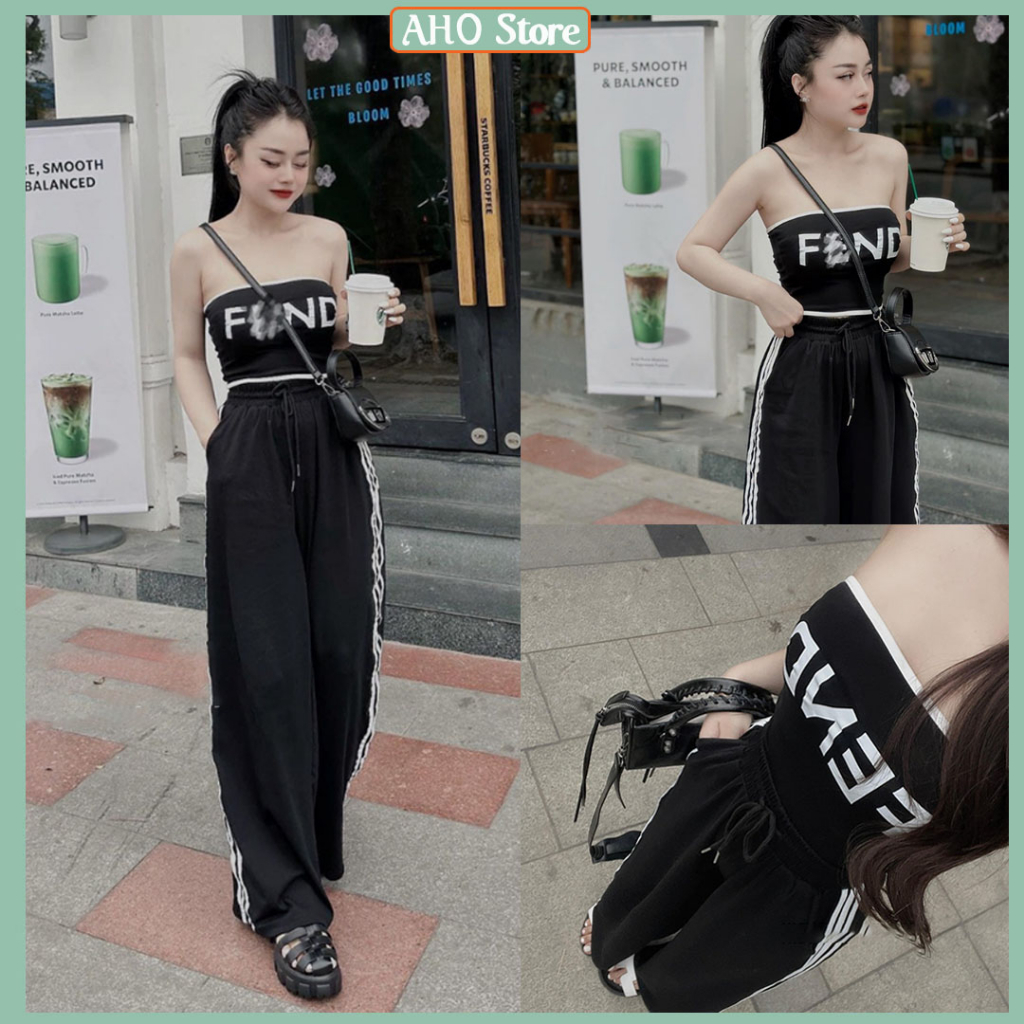 Bộ Đồ Nữ Áo Quây Fendi Phối Viền Mix Quần Suông Đen Ống Rộng 3 Sọc Trắng Freesize