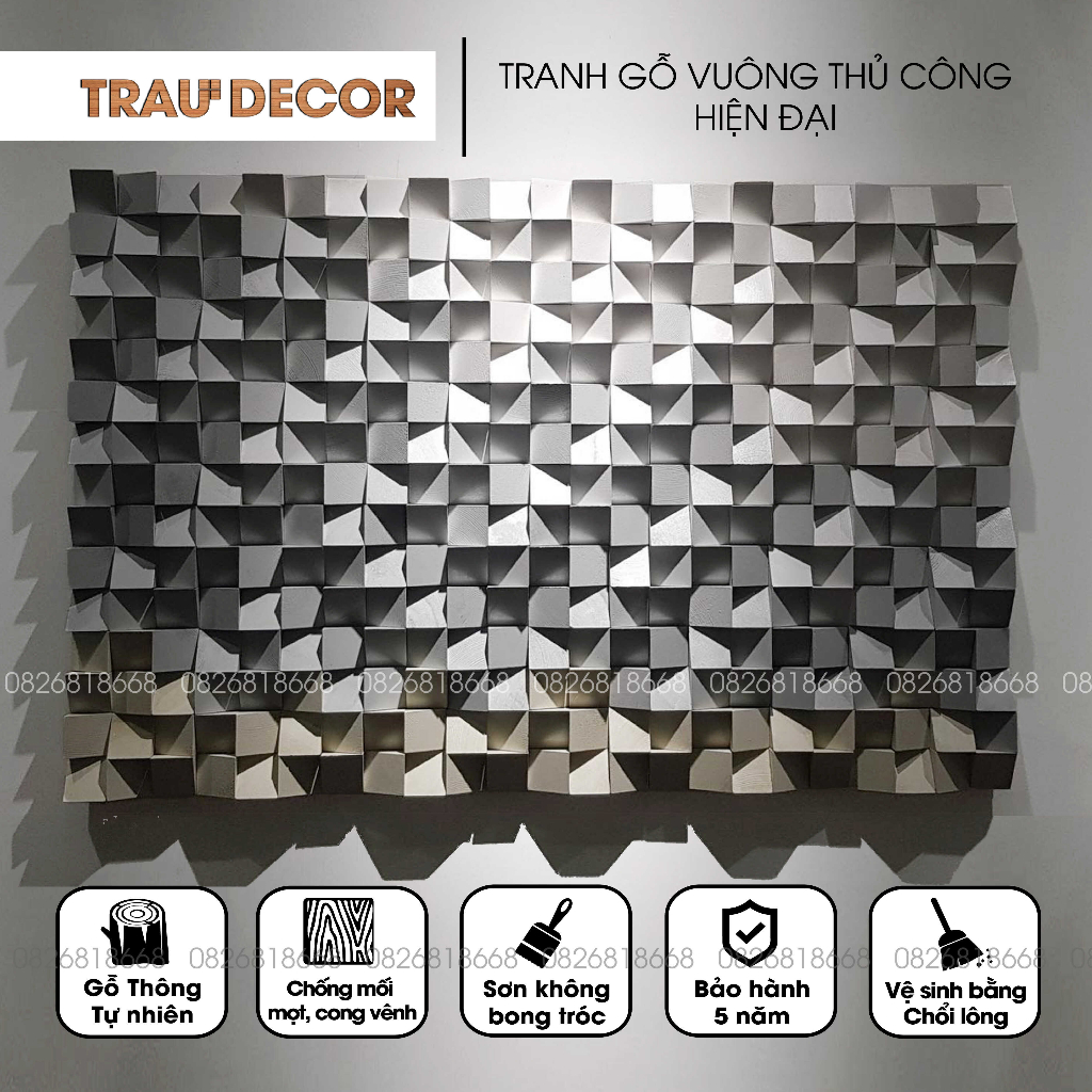 Tranh Gỗ vuông 3D thủ công Tone Xám Trắng
