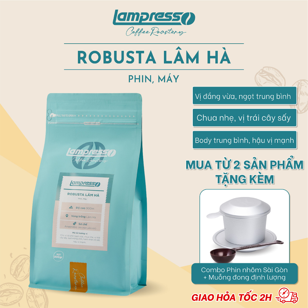 Cà phê Robusta Lâm Hà túi 500gr đắng vừa, chua nhẹ - Lampresso Coffee