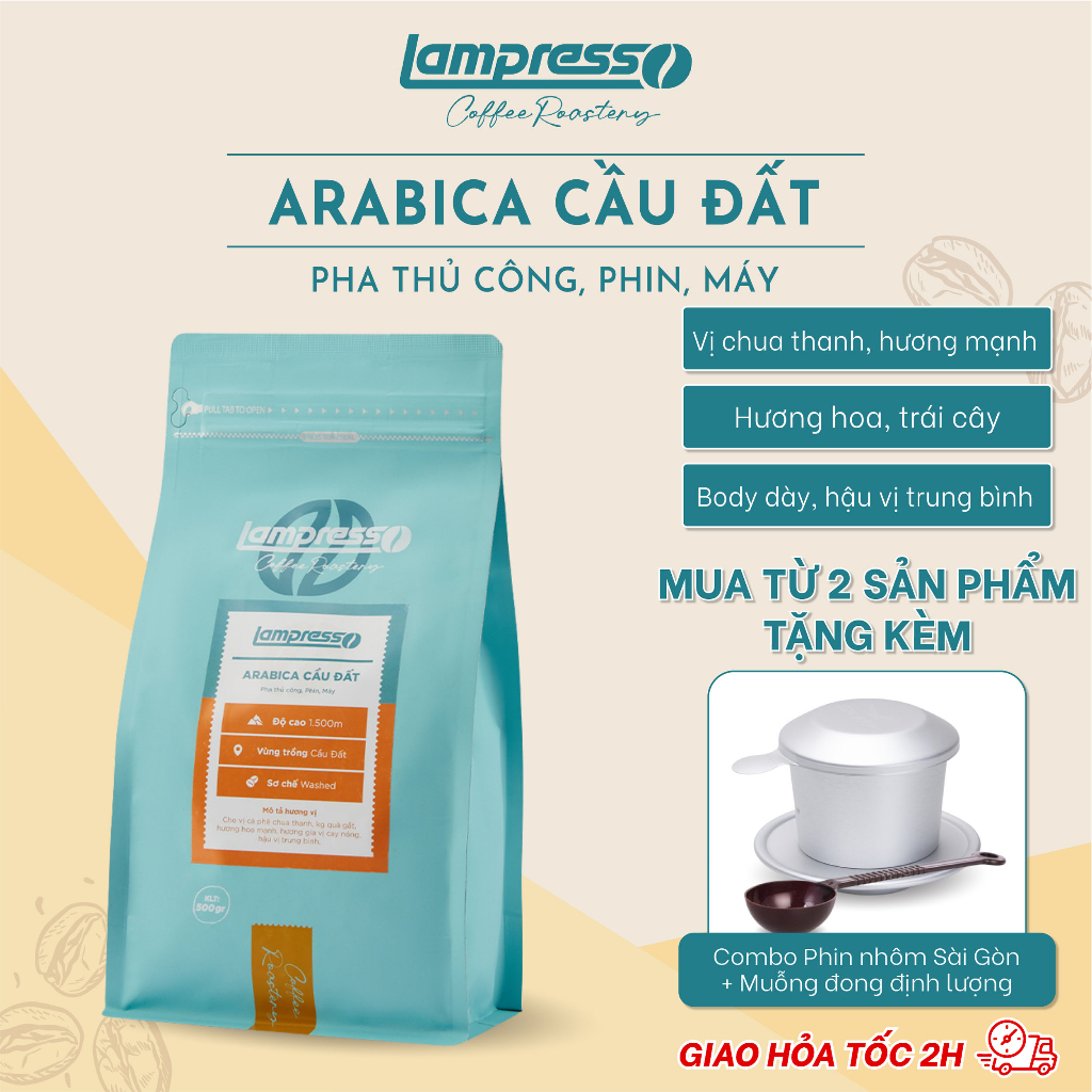 Cà phê Arabica Cầu Đất túi 500gr chua thanh, thơm nồng tự nhiên - Lampresso Coffee