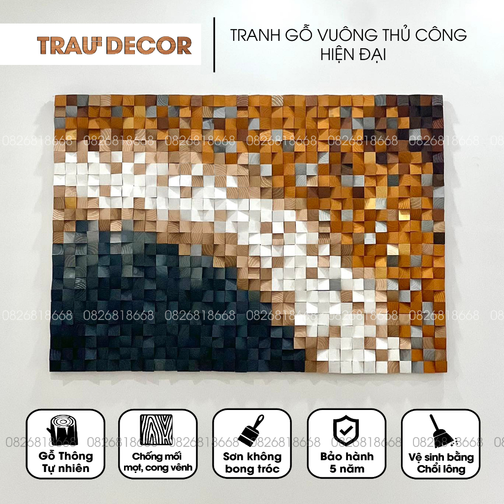Tranh Gỗ vuông 3D thủ công Đen Nâu