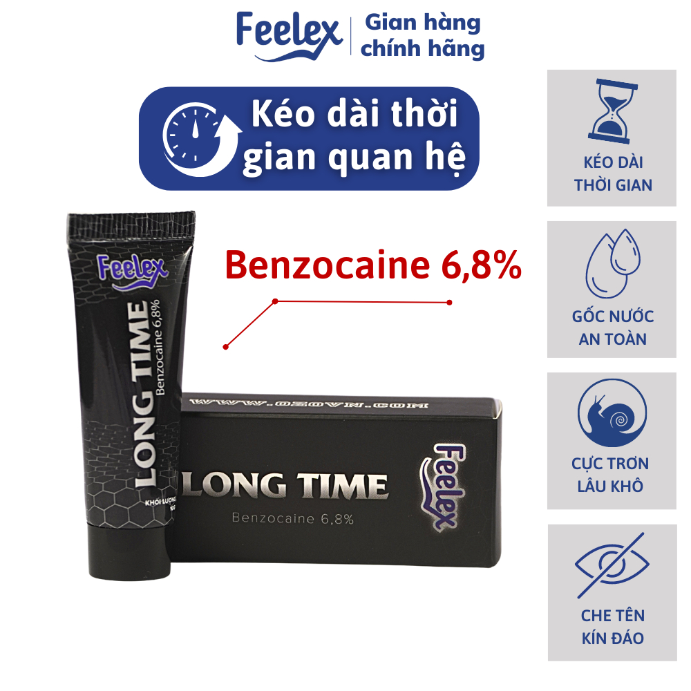 Gel bôi trơn Feelex Long Time 6,8% Benzocain, hỗ trợ kéo dài thời gian quan hệ cho nam giới - Tuýp 10g