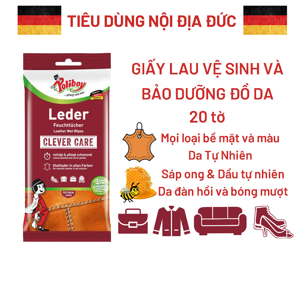 Khăn Lau Đồ Da Nội Địa Đức POLIBOY - Chăm Sóc Và Làm Sạch Giày Da, Túi Da Đánh Bóng Giầy Da, Làm Mới Túi Da 20 Tờ/Gói