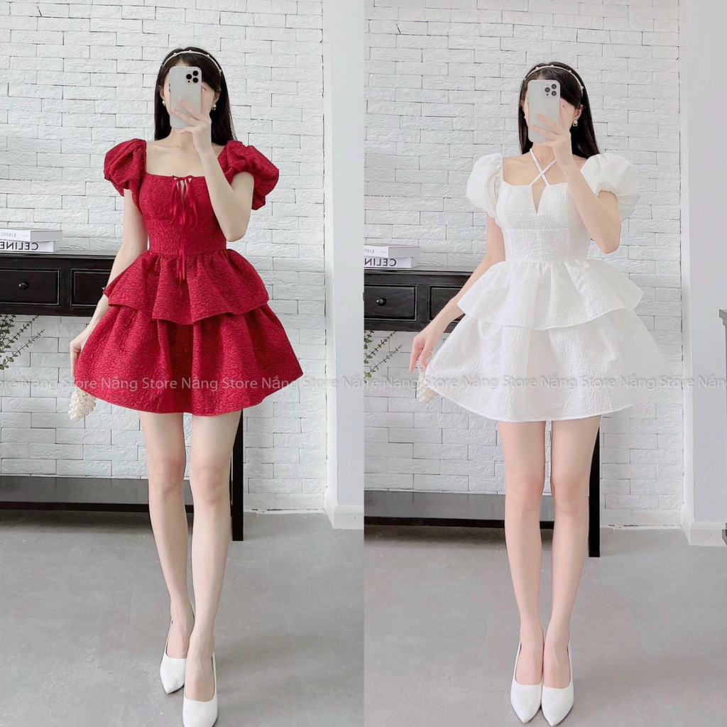 Đầm váy nữ gấm cột dây ngực họa tiết ống tay phồng 2 tầng siêu sang chảnh với 2 tone màu xinh xắn thích hợp đi dự tiệc